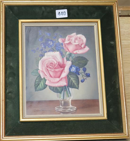 James Noble, oil on canvas, Blues and Pinks, signed, 24 x 19cm